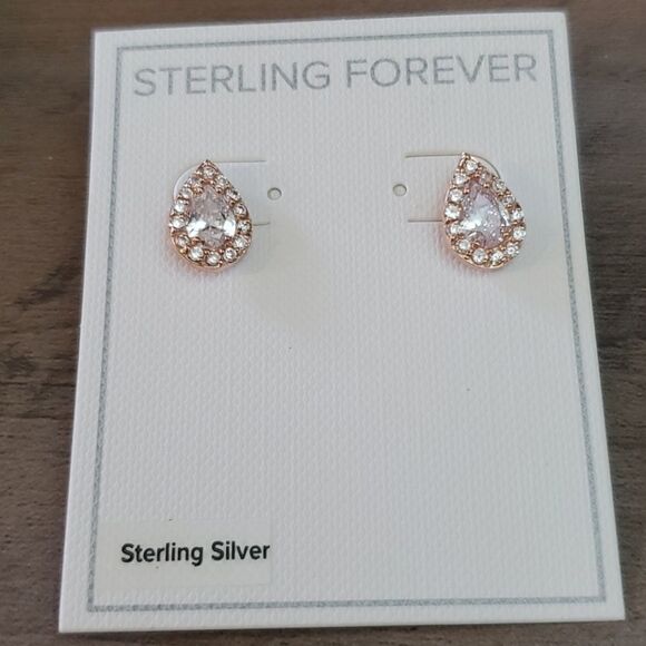 Rose Gold Teardrop Cubic Zirconia Stud Earrings - Picture 3 of 9